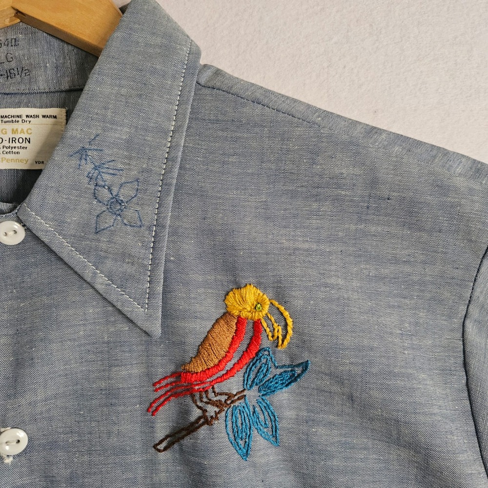 Vtg JCPenney Big Mac Blue Embroidered Chambray Work Shirt L Hippie Folk Art Boho - Picture 2 of 15